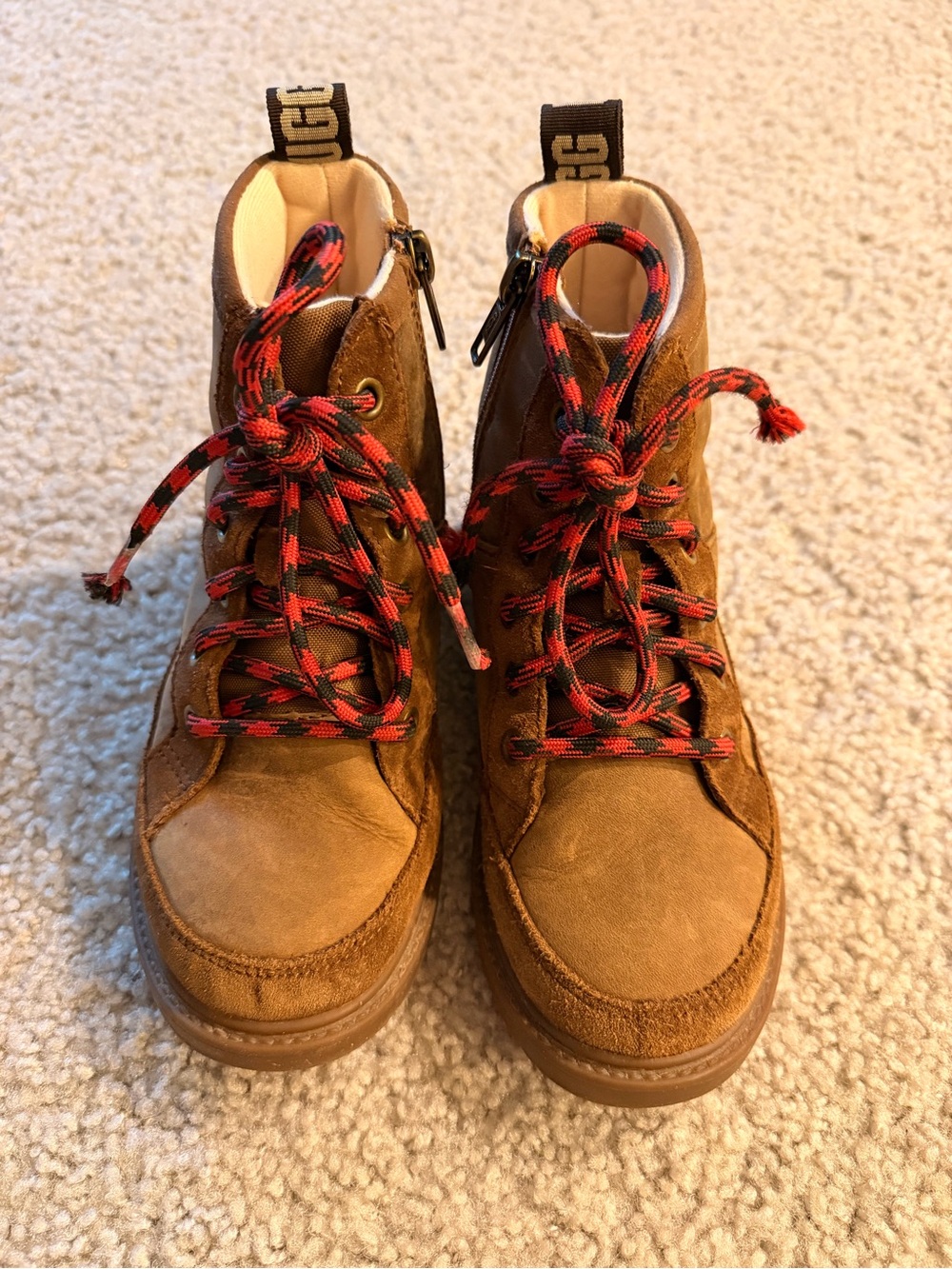 UGG Brown Suede Lace-Up Ankle Boots with Red & Black Laces